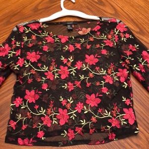 Flower Embroidered Mesh Sheer Top